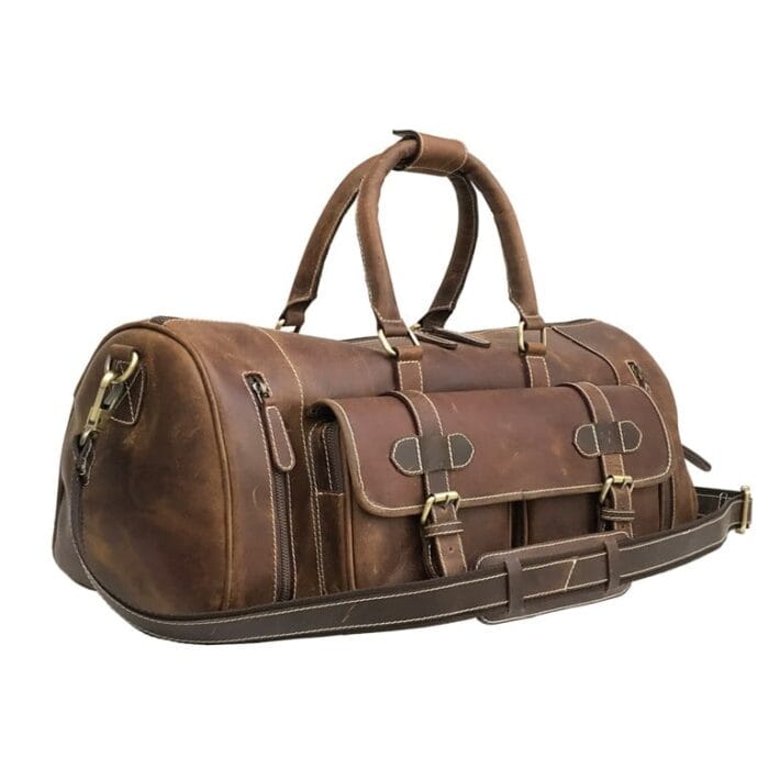 a brown duffel bag with straps